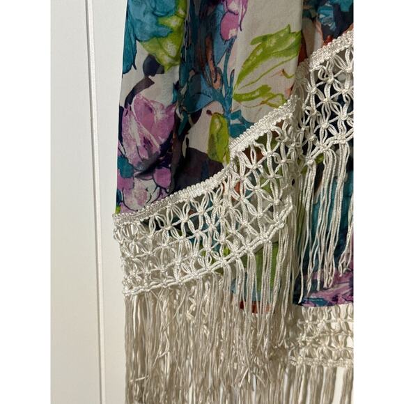 Floral Kimono Cover-Up With Fringe Hem & Tie Closure Multiple Colors M/L - Picture 4 of 5